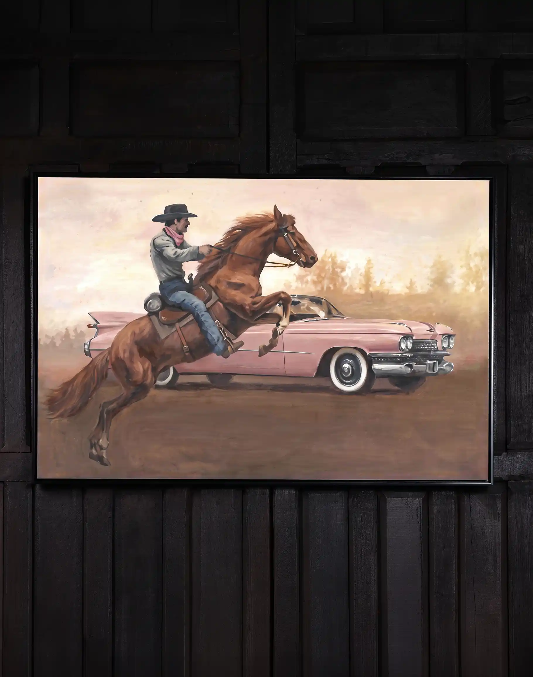 Chasing Broncos In Pink Framed Print
