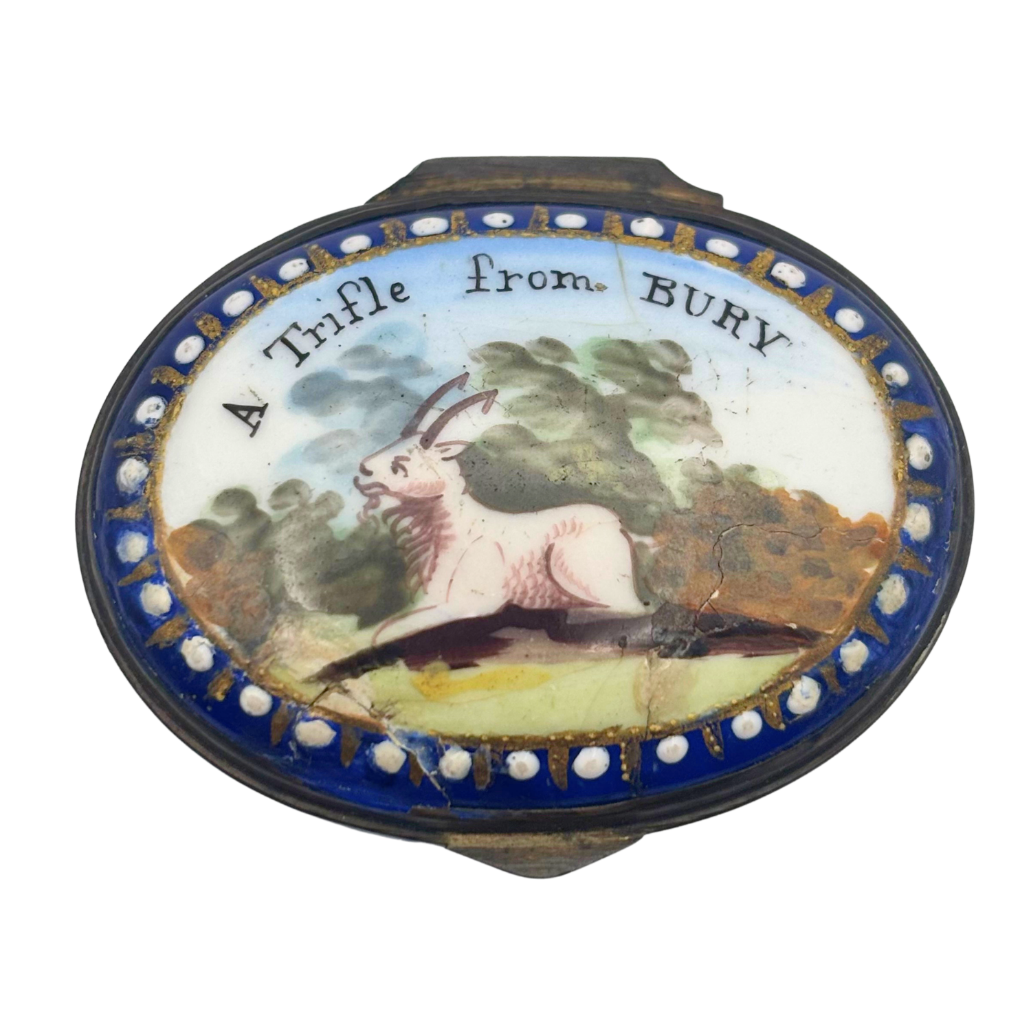 Antique Georgian South Staffordshire Patchbox c. 1770 Horned Goat in Green Pastoral: “A Trifle from