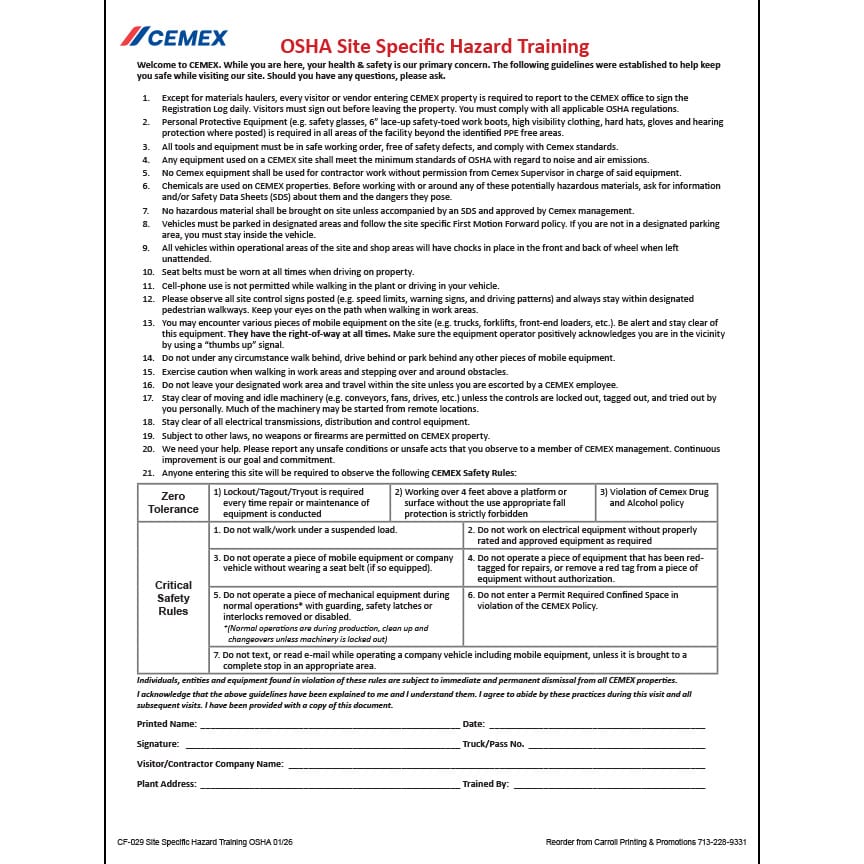 CF-029 Site-Specific Hazard Training OSHA