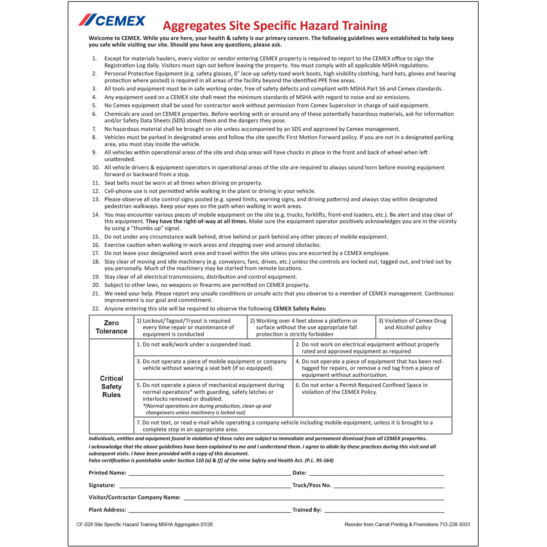 CF-028 Site-Specific Hazard Training MSHA Aggregates