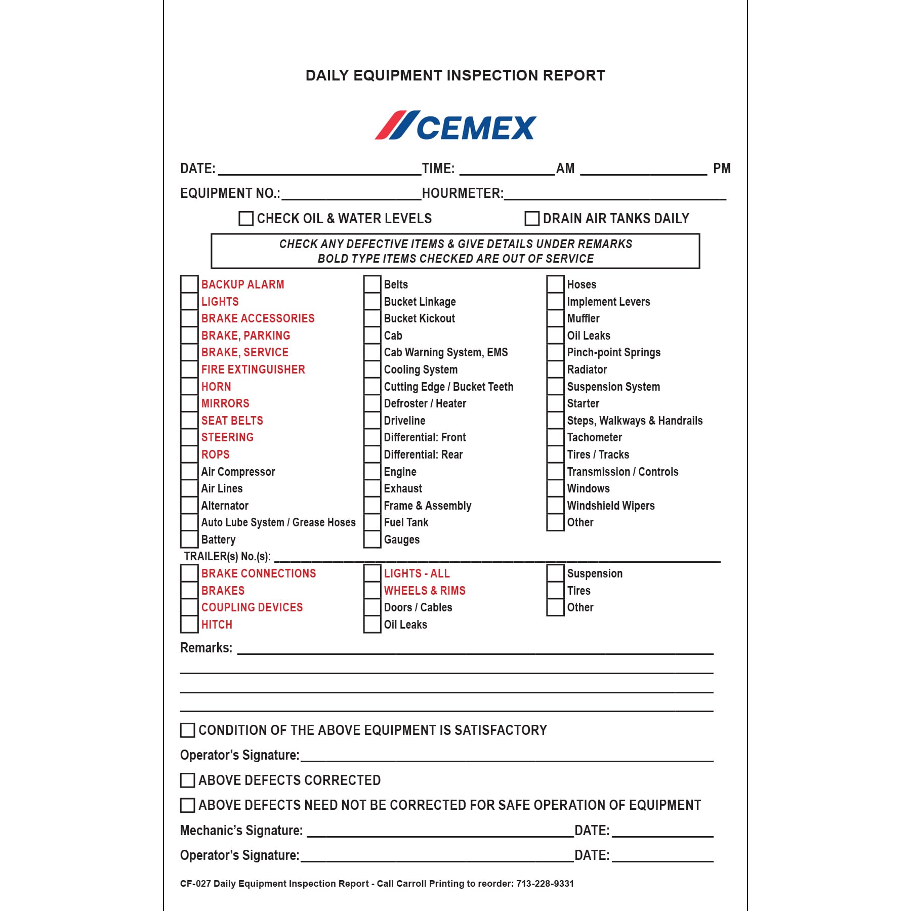CF-027 Daily Equipment Inspection Report
