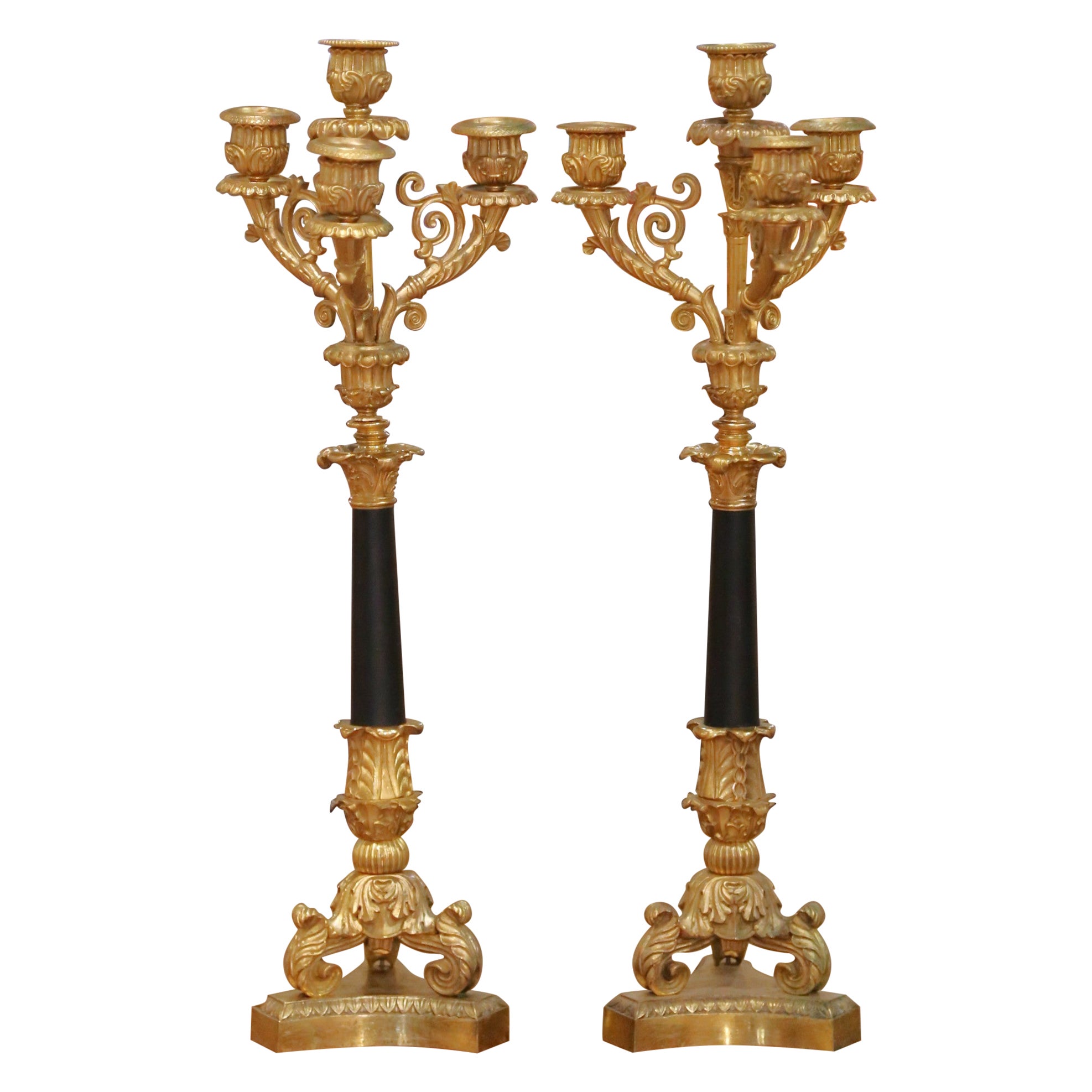 Pair of 19th Century French Empire Gilt Bronze Four-Light Candelabras