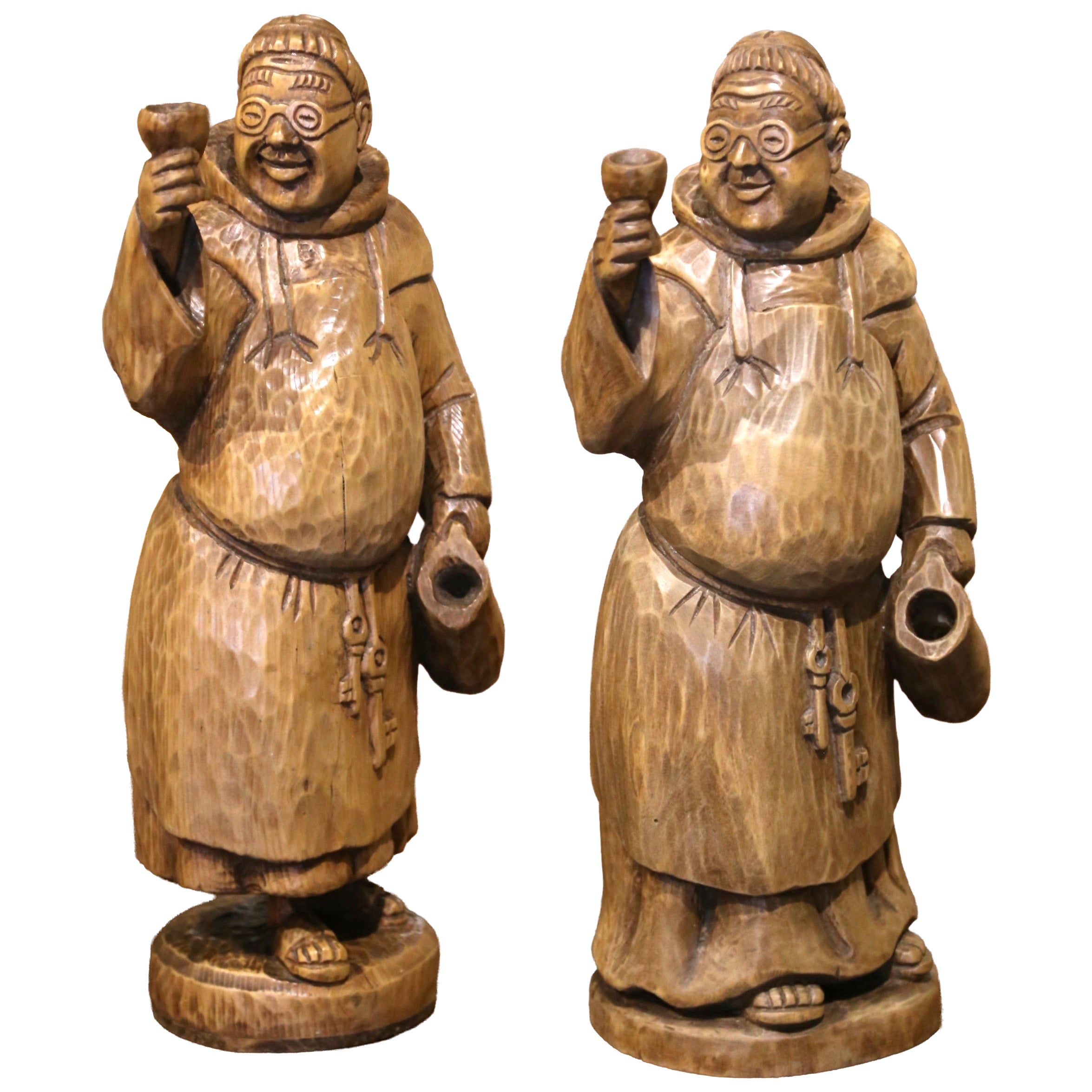 Pair of 19th Century French Black Forest Carved Oak Monks with Goblets