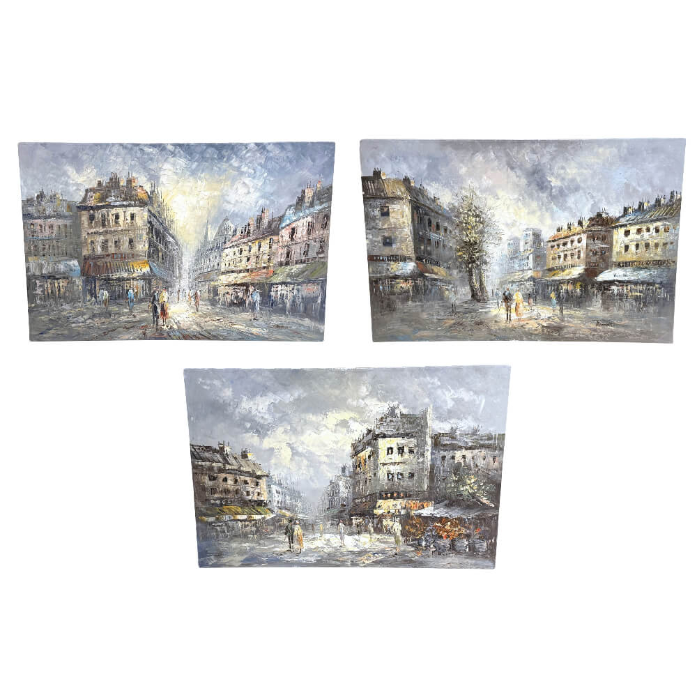 Set of Three Mid-Century Paris Street Scene Oil Paintings Signed Burnett