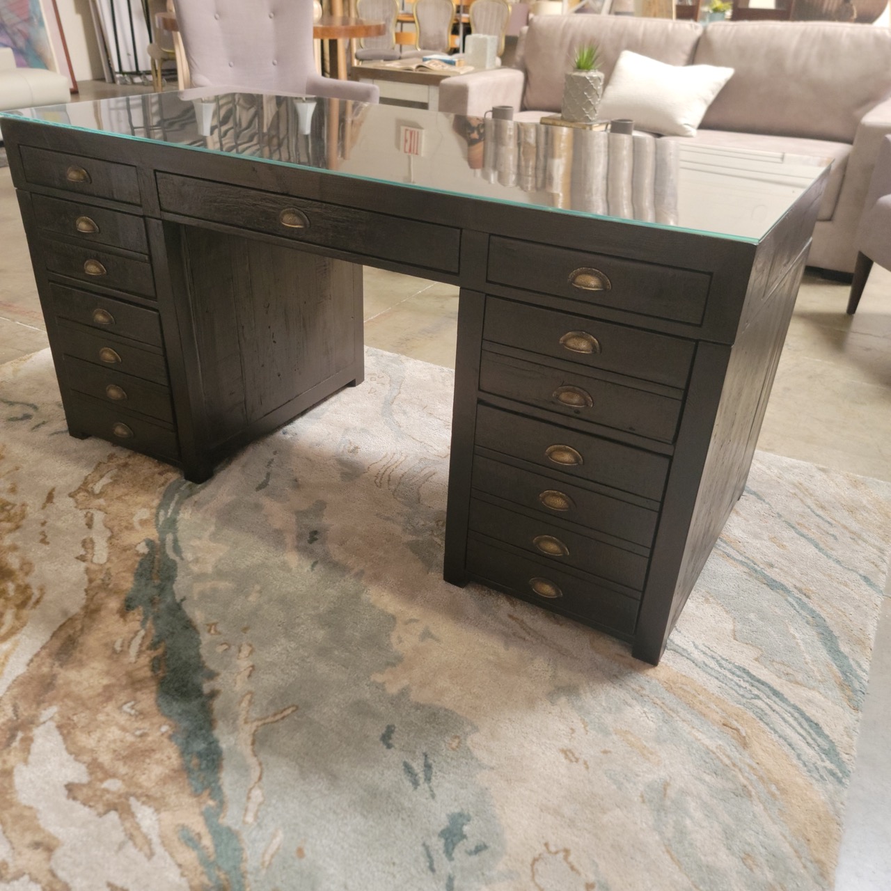 RH Printmaker’s 62-Inch Glass-Top Desk in Distressed Dark Brown Pine