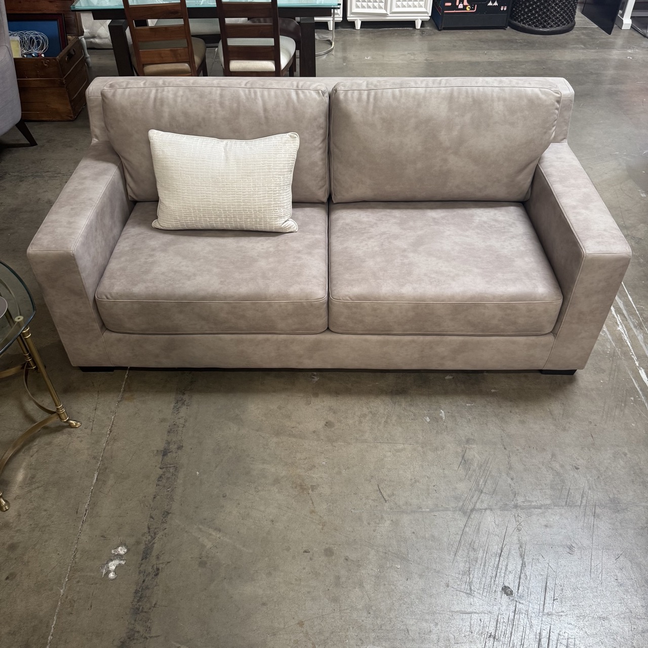 Living Spaces Flip Queen Sleeper Sofa, Mushroom Grey Faux Leather