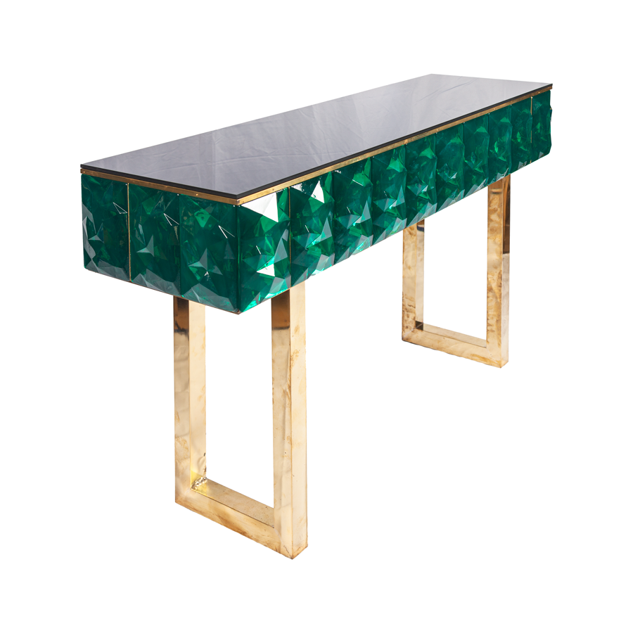 Green Murano Glass and Brass Italian Console