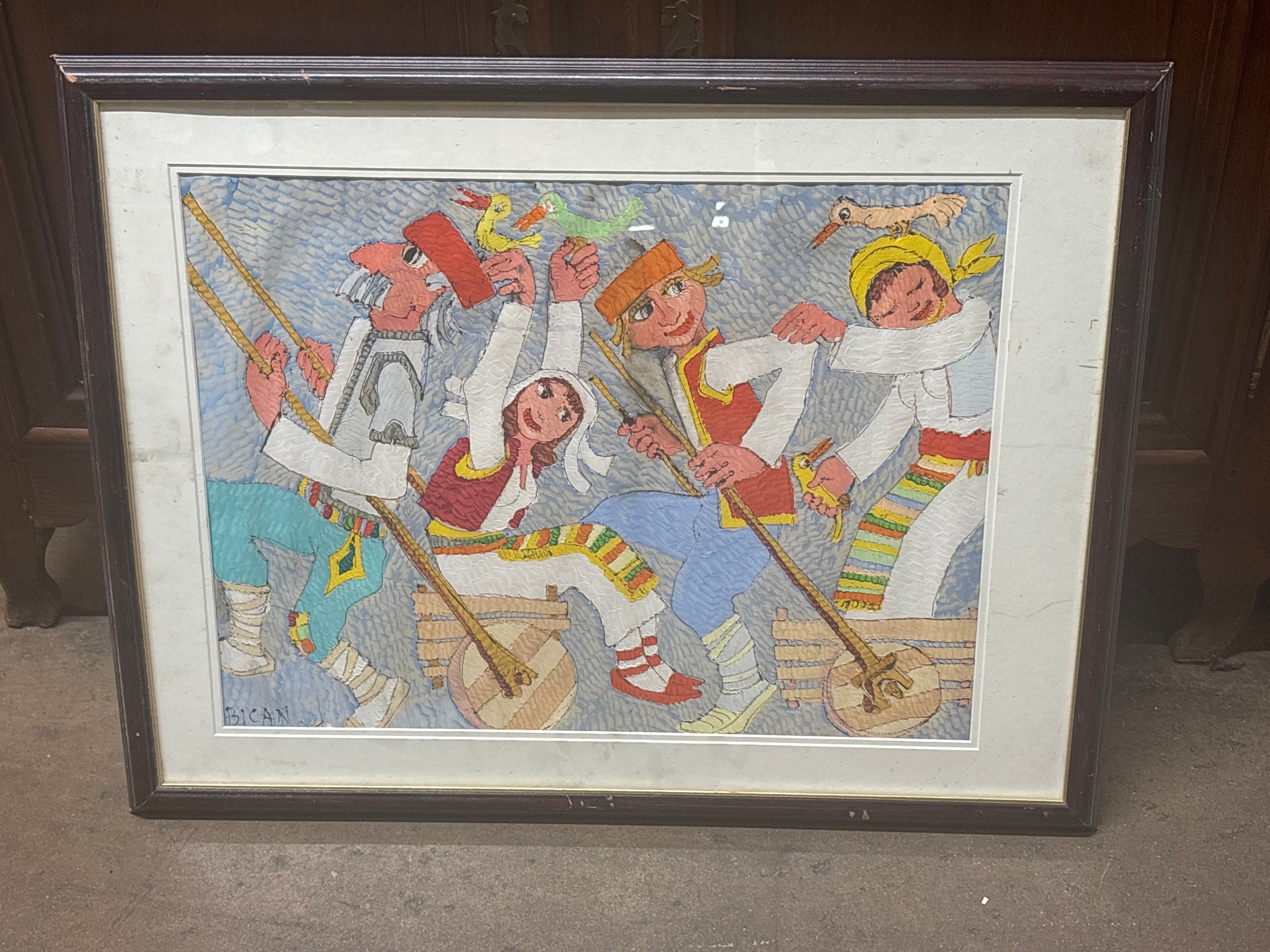 BLACK FRAMED COLORFUL WATERCOLOR OF FESTIVAL WITH BIRDS - SIGNED OBICAN
