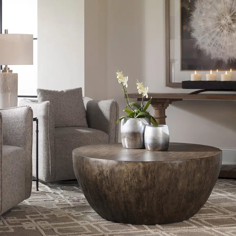 Aged Walnut Wood Round Coffee Table