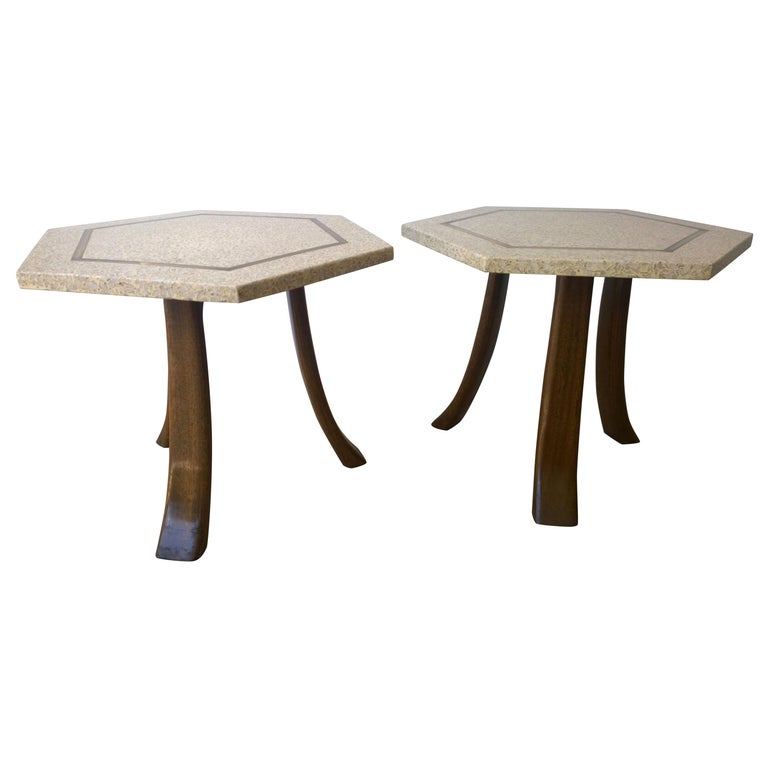Pair of Mid-Century Modern Harvey Probber Terrazzo Mahogany Tripod Side Tables