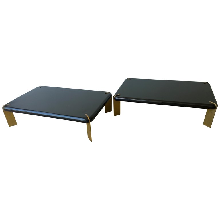 2 Mid-Century Modern French Lacquered Black & Bronze Legs Cocktail Coffee Tables