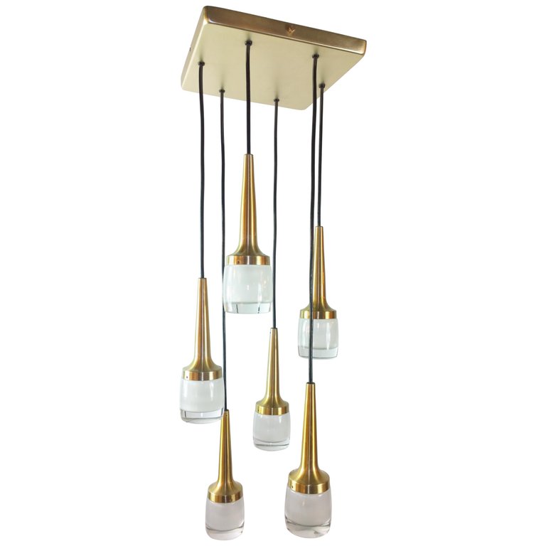 Mid-Century Modern Staff Glass Pendant and Brass Ceiling Plate Chandelier