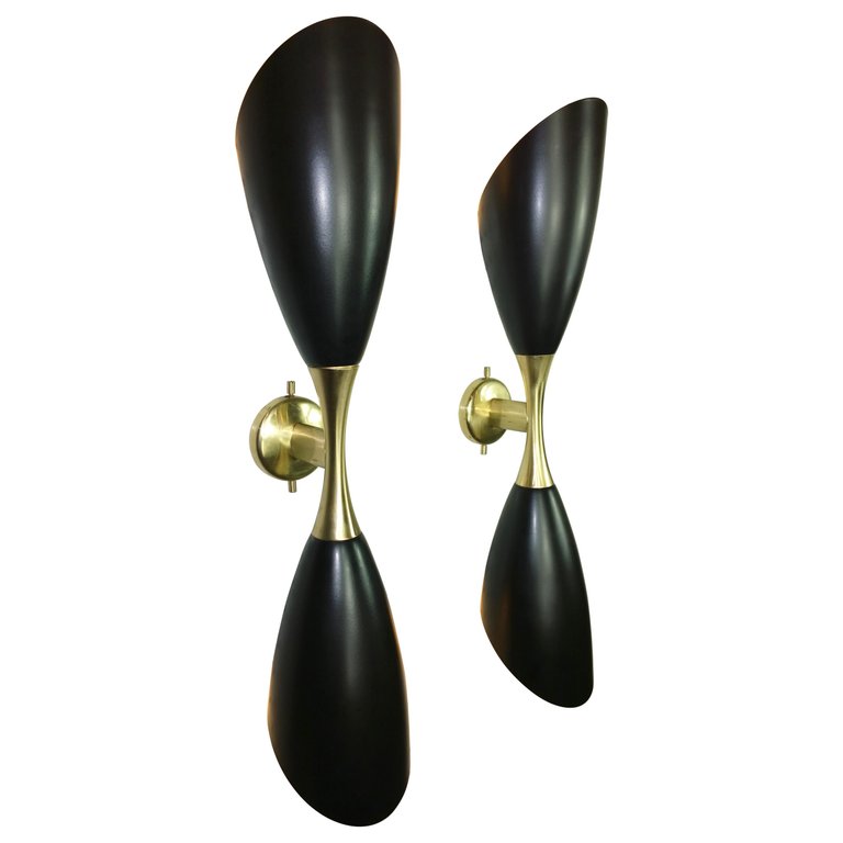 2 Mid-Century Modern Italian Stilnovo Style Enameled Aluminum & Brass Sconces