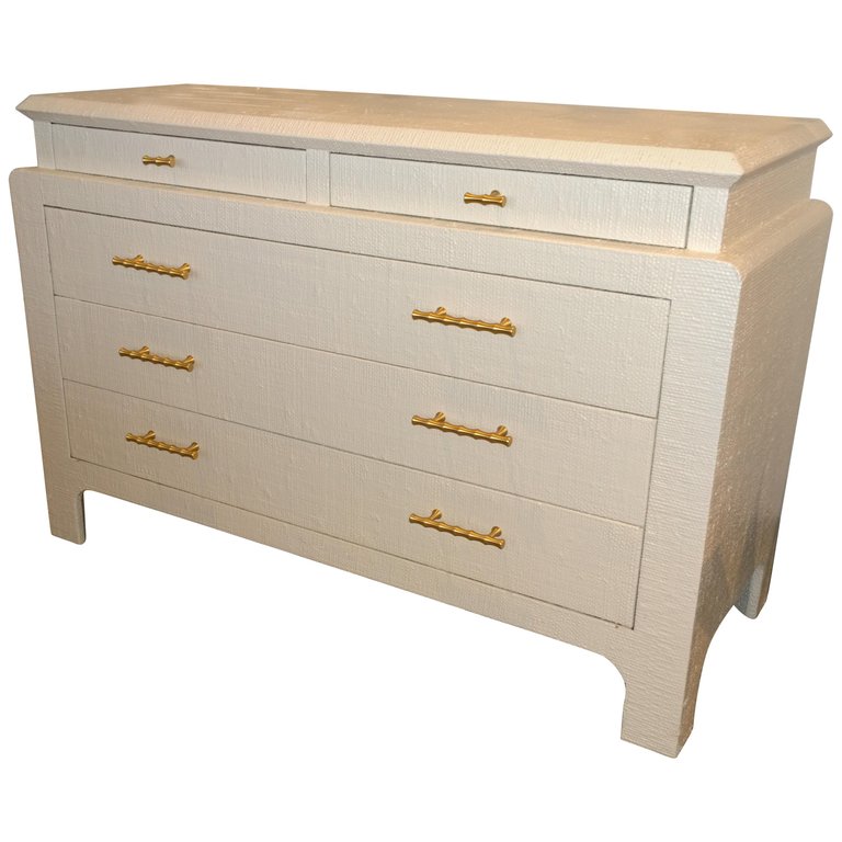Mid-Century Modern Lacquered Grasscloth Dresser with Brass Bamboo Style Pulls