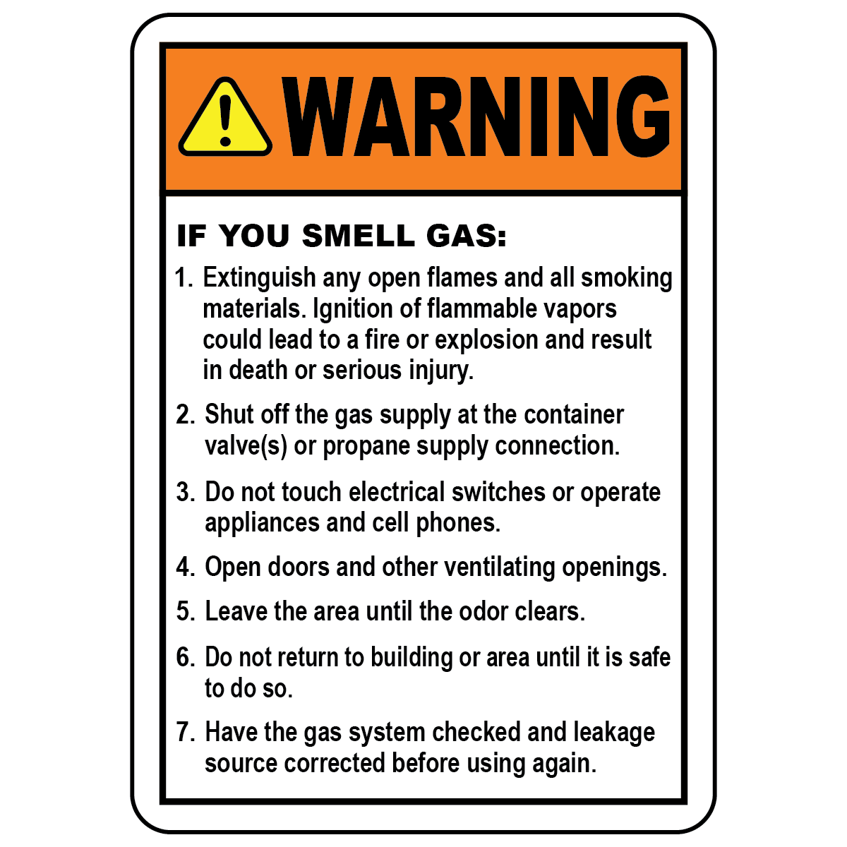 Warning Gas Leakage Instructions Sign