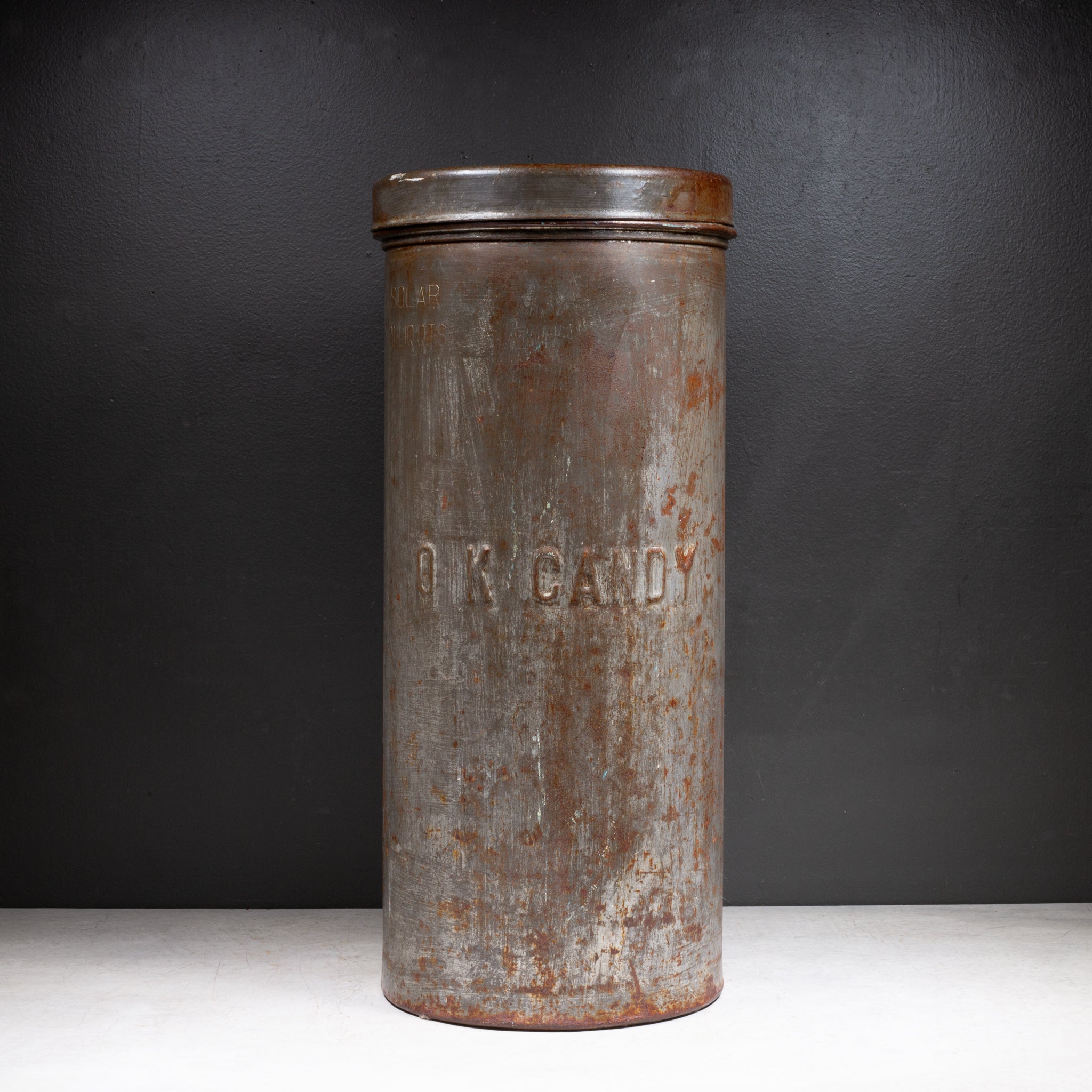 Vintage Heavy Steel Ice Cream Freezer Can –"OK Candy" Embossed c.1910