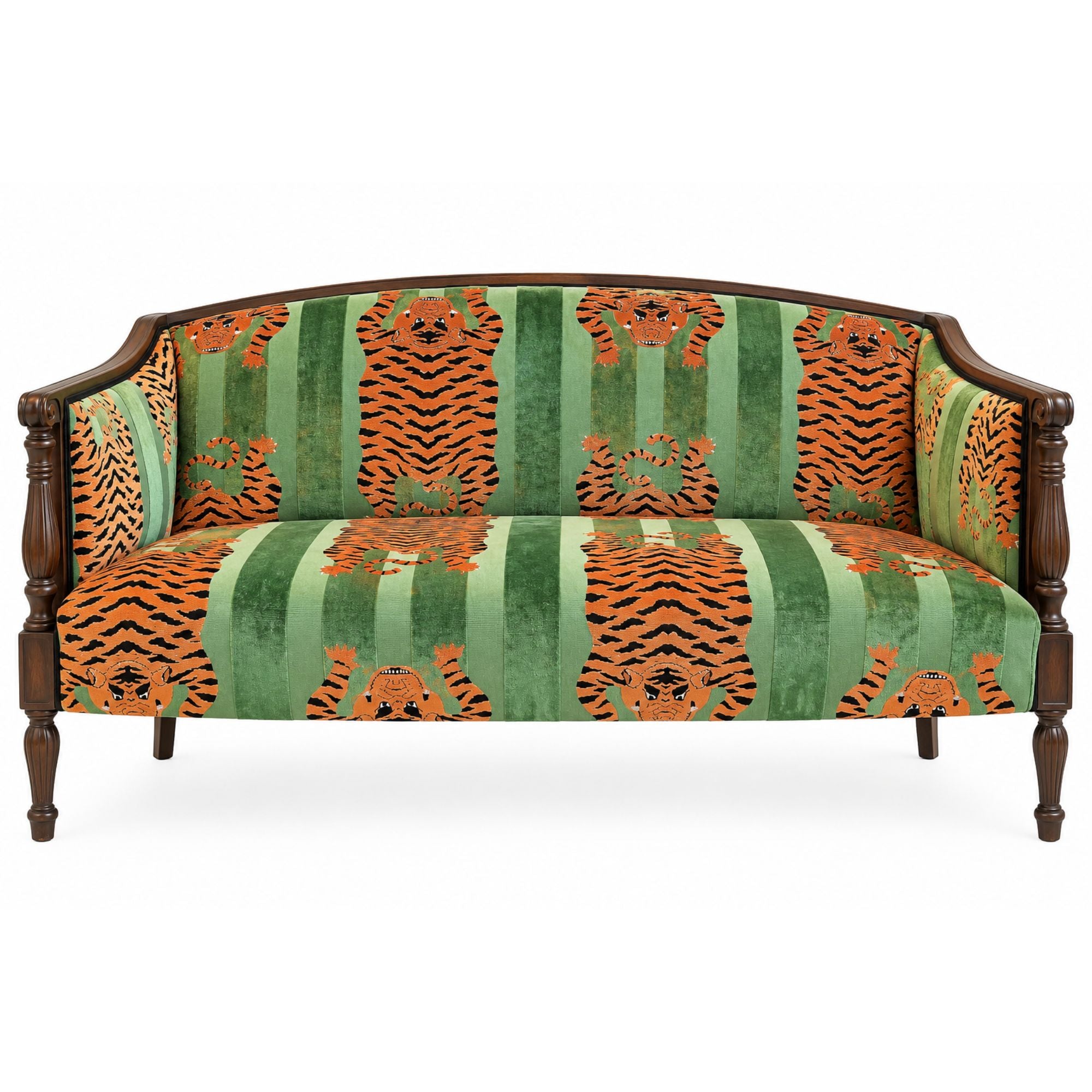 Antique Wood Carved Settee Refinished in Green Tiger Fabric