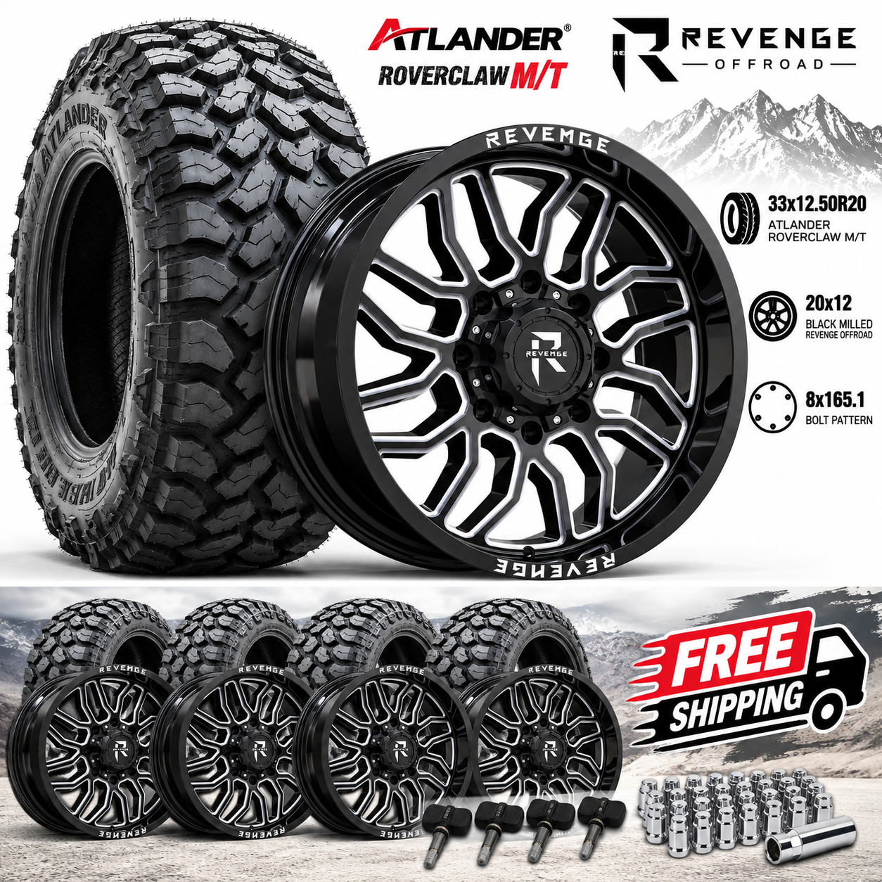 20×12 Revenge Offroad RV205 8×165.1 Gloss Black Milled With 33×12.50R20 ATLANDER ROVERCLAW
