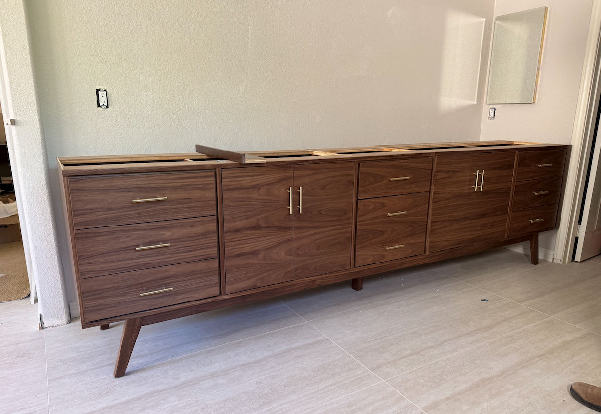 126” American Walnut Bathroom Vanity 9 Drawers